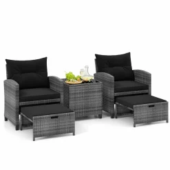 Tangkula 5 Piece Patio Rattan Furniture, Wicker Cushioned Chairs Set w/ 2 Ottomans & Tempered Glass Coffee Table