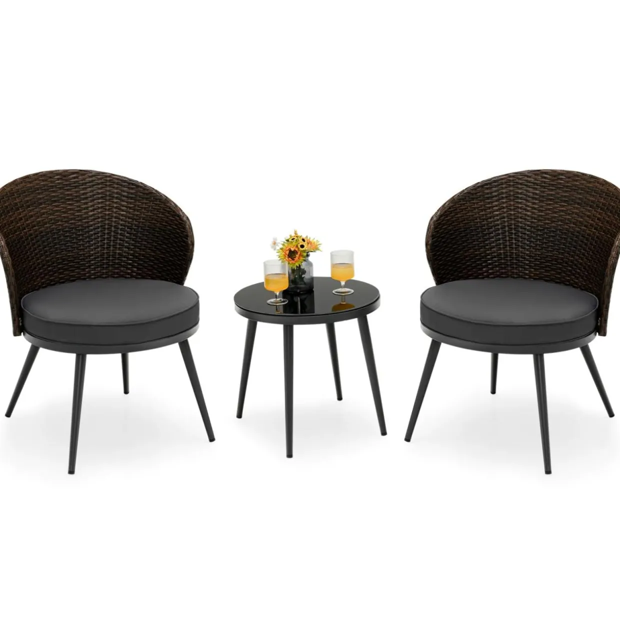 Tangkula 3 Piece Patio Rattan Bistro Set W/ 2 Seat Cushions, Tempered Glass Tabletop (Gray)