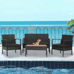 Tangkula 4 Piece Patio Rattan Conversation Set, Outdoor Wicker Sofa Furniture, Outside Sectional for Poolside, Deck, Garden
