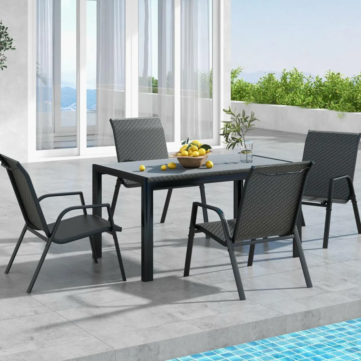 Tangkula 5 Piece Patio Rattan Dining Set, Outdoor Table & Chairs Set for 4, Machine Woven Wicker Tabletop & Seat (Brown)