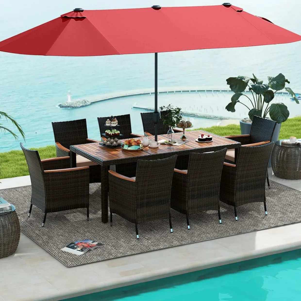 Tangkula 10 Piece Patio Rattan Dining Set with 15Ft Double-Sided Umbrella, Outdoor Acacia Wood Table and Wicker Chairs Set