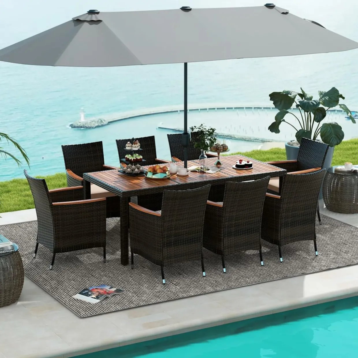 Tangkula 10 Piece Patio Rattan Dining Set with 15Ft Double-Sided Umbrella, Outdoor Acacia Wood Table and Wicker Chairs Set