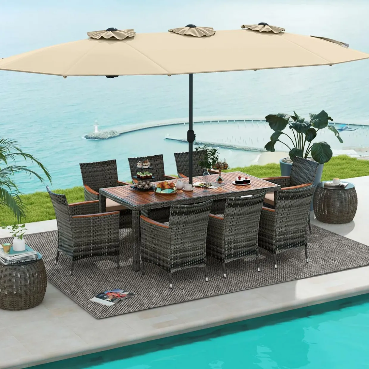 Tangkula 10 Piece Patio Rattan Dining Set with 15Ft Double-Sided Umbrella, Outdoor Acacia Wood Table and Wicker Chairs Set