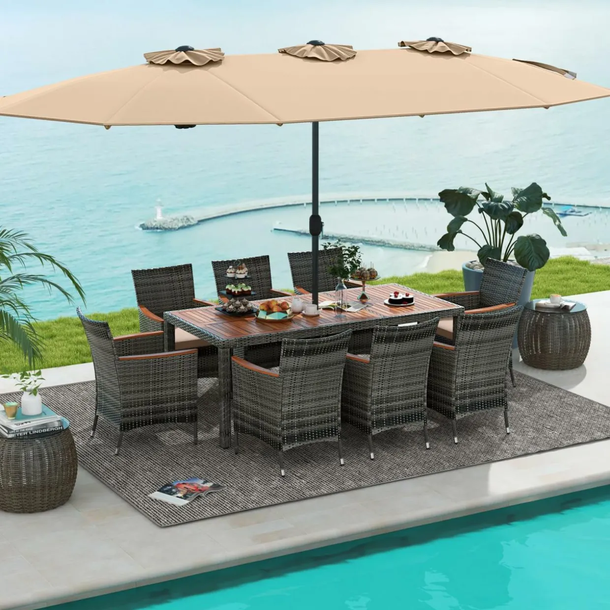 Tangkula 10 Piece Patio Rattan Dining Set with 15Ft Double-Sided Umbrella, Outdoor Acacia Wood Table and Wicker Chairs Set