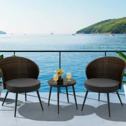 Tangkula 3 Piece Patio Rattan Bistro Set W/ 2 Seat Cushions, Tempered Glass Tabletop (Gray)