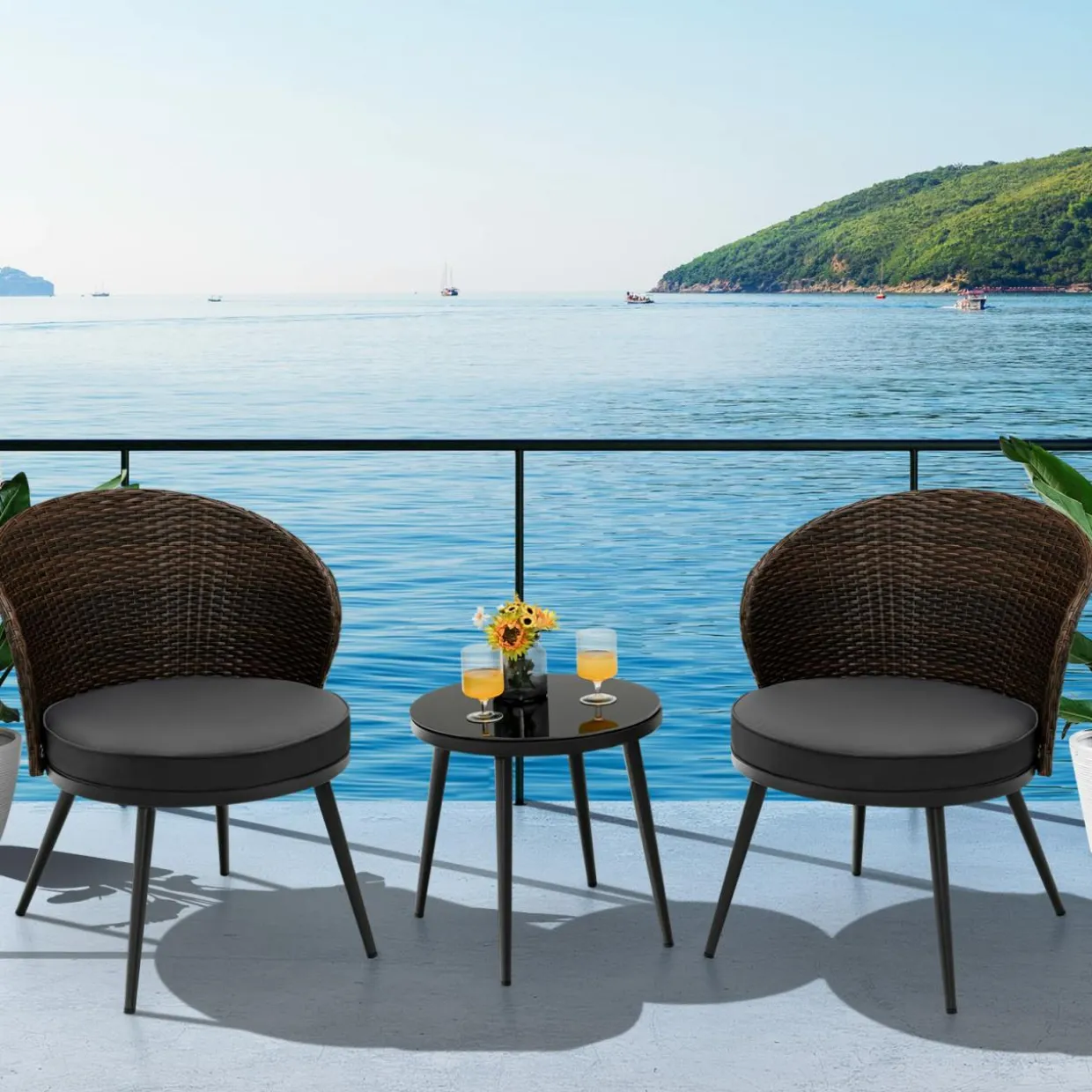 Tangkula 3 Piece Patio Rattan Bistro Set W/ 2 Seat Cushions, Tempered Glass Tabletop (Gray)