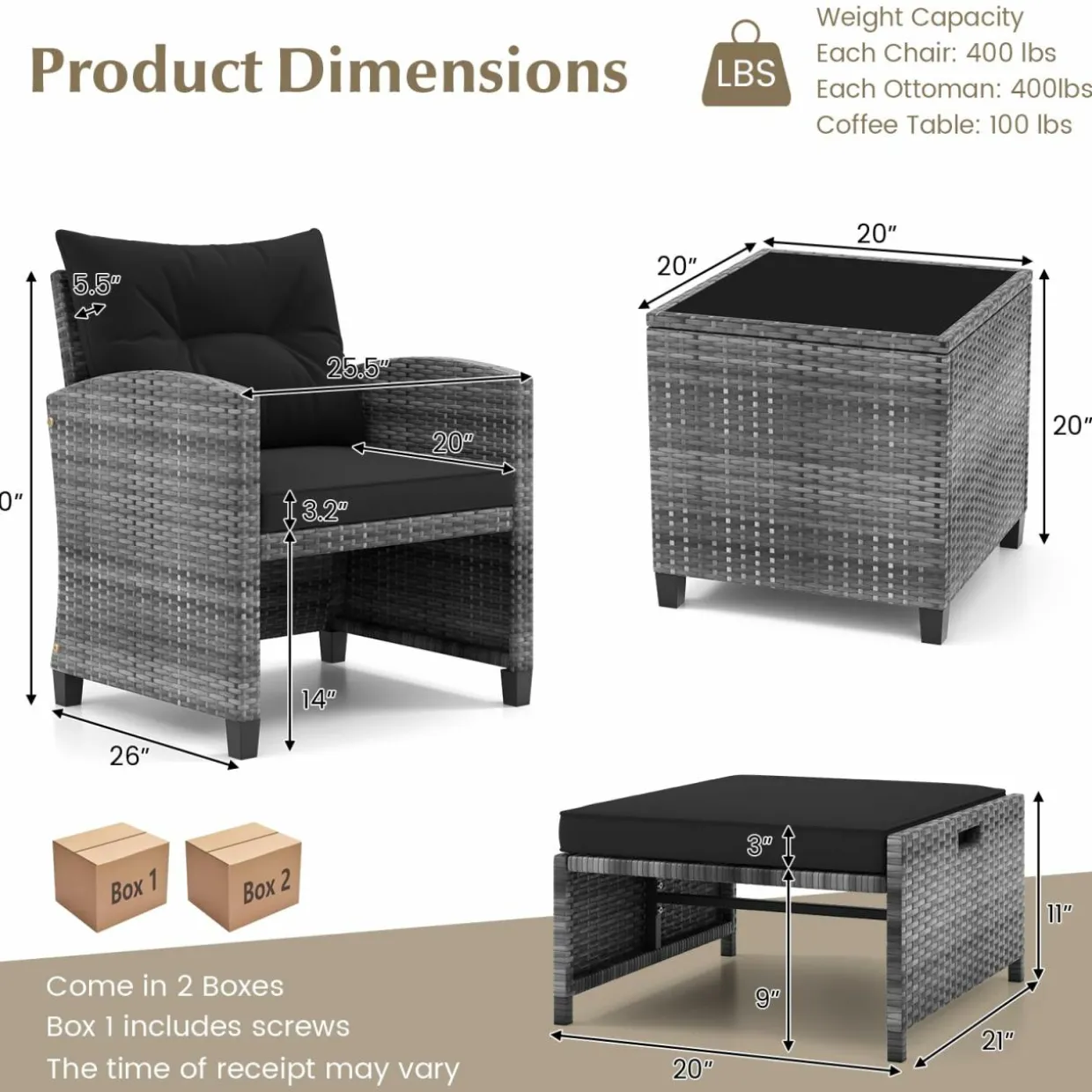 Tangkula 5 Piece Patio Rattan Furniture, Wicker Cushioned Chairs Set w/ 2 Ottomans & Tempered Glass Coffee Table