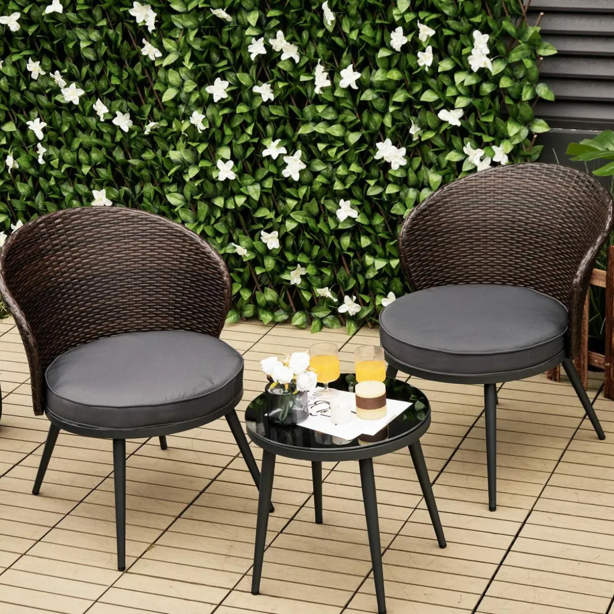 Tangkula 3 Piece Patio Rattan Bistro Set W/ 2 Seat Cushions, Tempered Glass Tabletop (Gray)