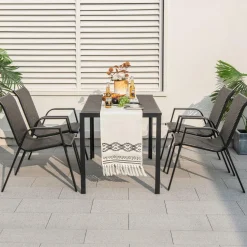 Tangkula 5 Piece Patio Rattan Dining Set, Outdoor Table & Chairs Set for 4, Machine Woven Wicker Tabletop & Seat (Brown)