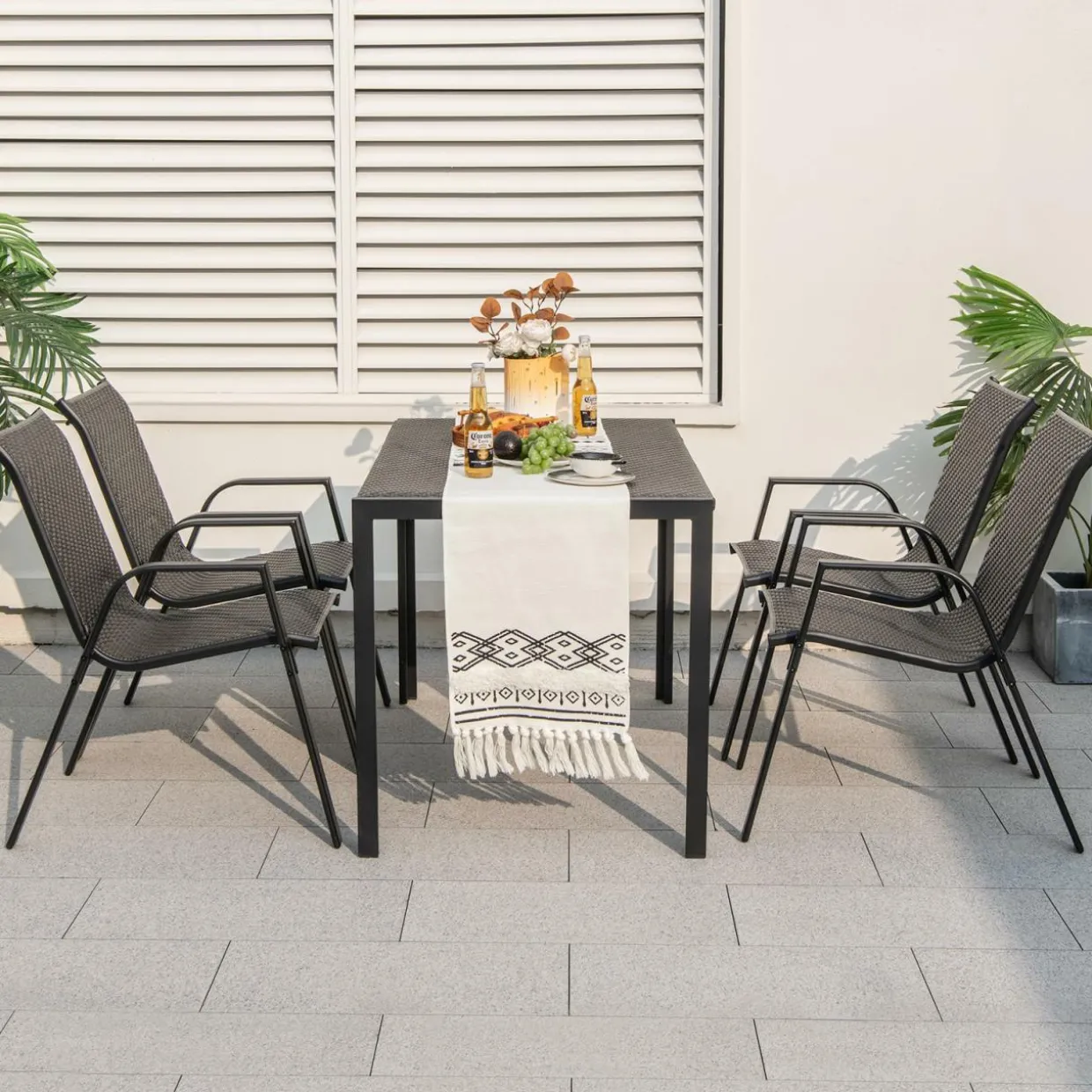 Tangkula 5 Piece Patio Rattan Dining Set, Outdoor Table & Chairs Set for 4, Machine Woven Wicker Tabletop & Seat (Brown)