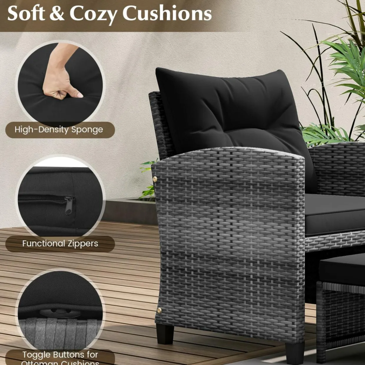 Tangkula 5 Piece Patio Rattan Furniture, Wicker Cushioned Chairs Set w/ 2 Ottomans & Tempered Glass Coffee Table