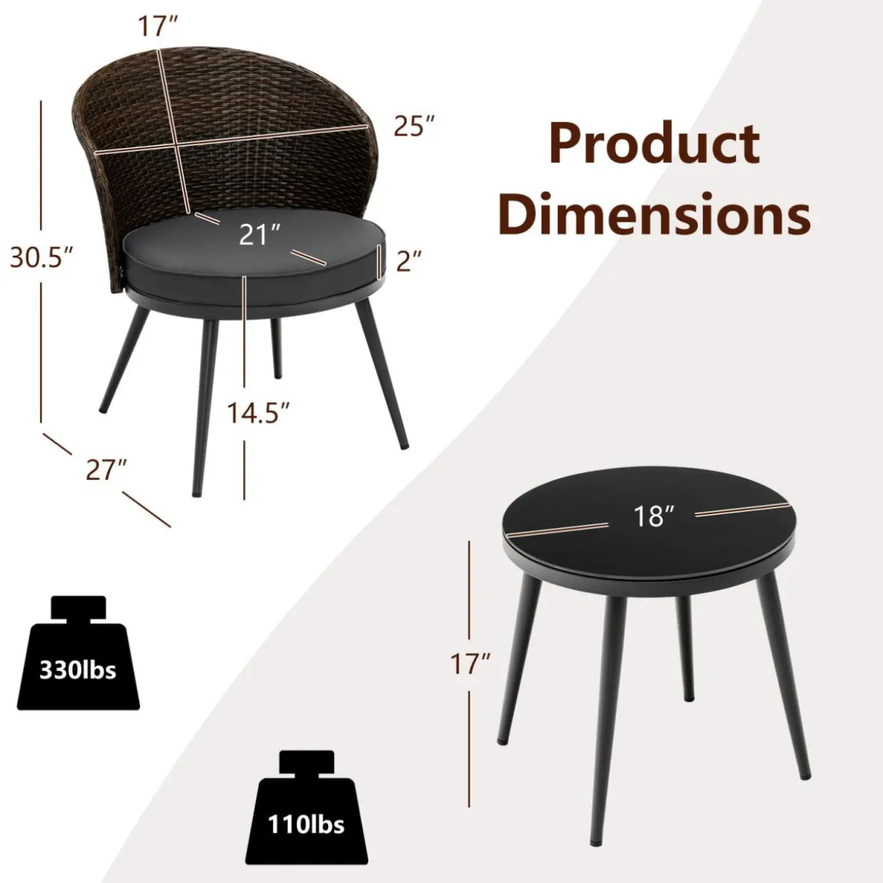 Tangkula 3 Piece Patio Rattan Bistro Set W/ 2 Seat Cushions, Tempered Glass Tabletop (Gray)
