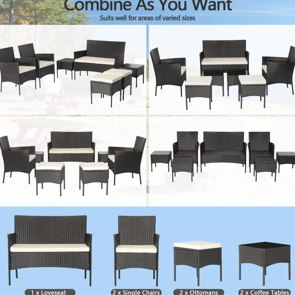 Tangkula 7 Piece Patio Rattan Sofa Set, Wicker Furniture Set with 2 Side Tables and 2 Ottomans, Solid Metal Frame, Soft Cushions