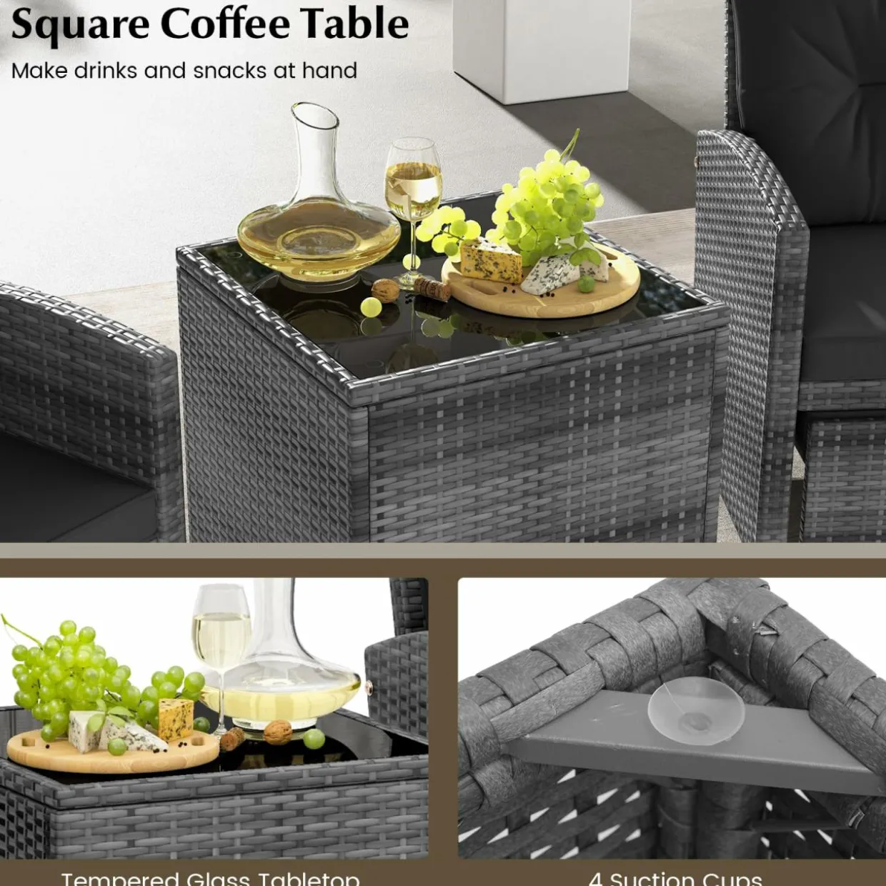 Tangkula 5 Piece Patio Rattan Furniture, Wicker Cushioned Chairs Set w/ 2 Ottomans & Tempered Glass Coffee Table