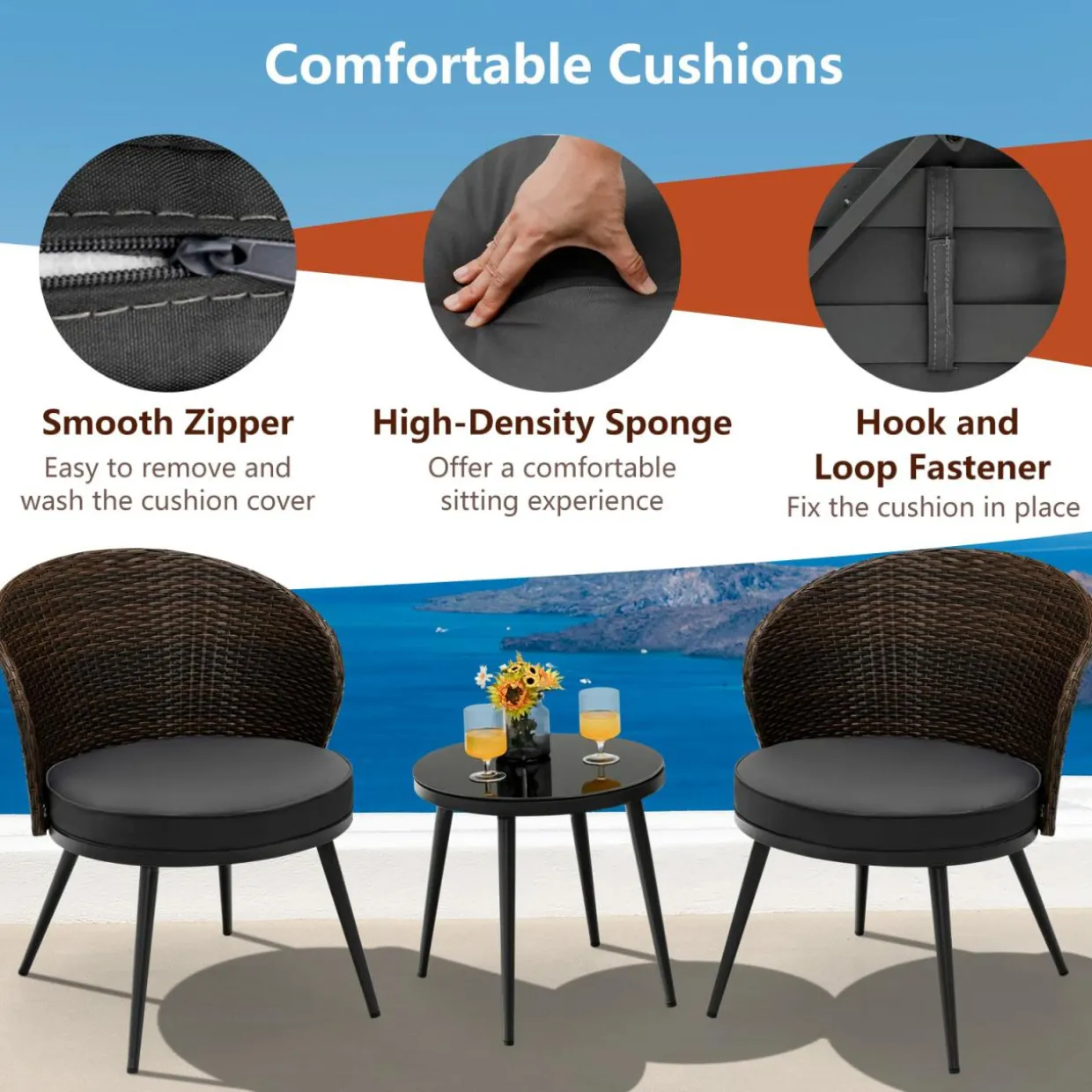 Tangkula 3 Piece Patio Rattan Bistro Set W/ 2 Seat Cushions, Tempered Glass Tabletop (Gray)