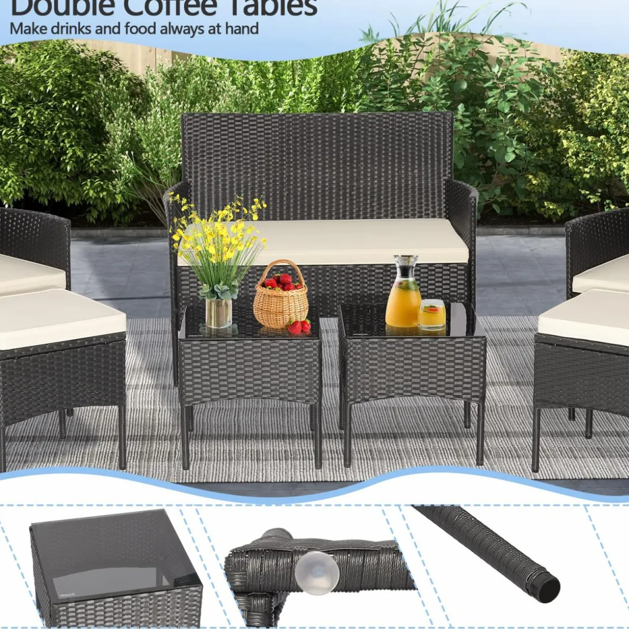 Tangkula 7 Piece Patio Rattan Sofa Set, Wicker Furniture Set with 2 Side Tables and 2 Ottomans, Solid Metal Frame, Soft Cushions