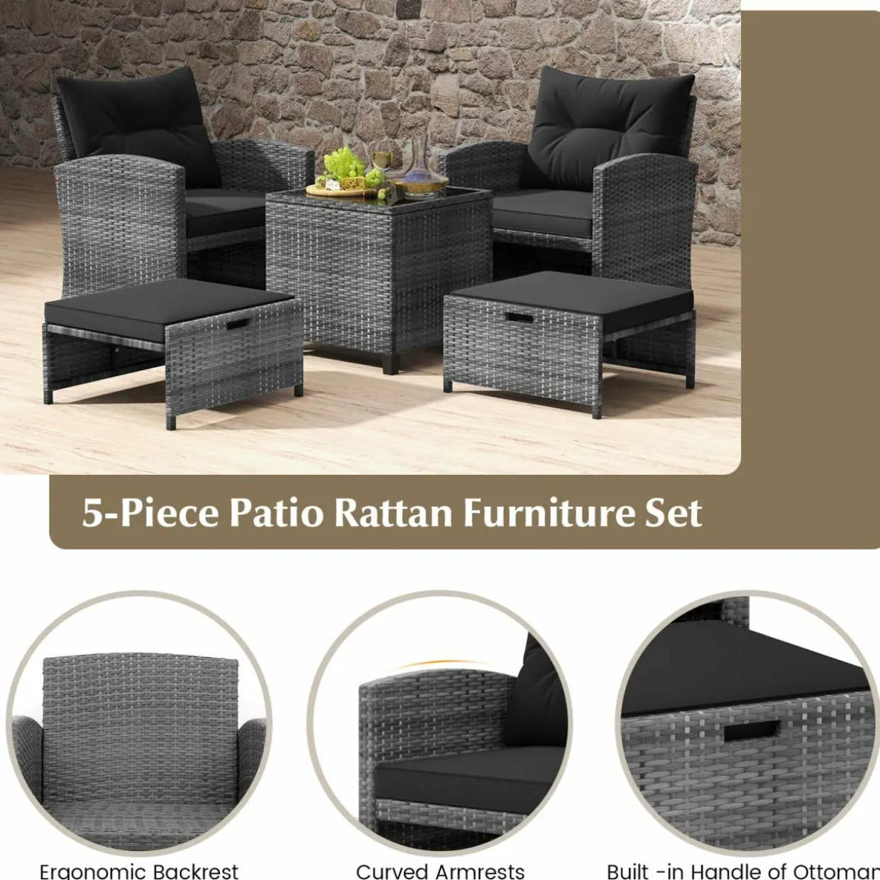 Tangkula 5 Piece Patio Rattan Furniture, Wicker Cushioned Chairs Set w/ 2 Ottomans & Tempered Glass Coffee Table
