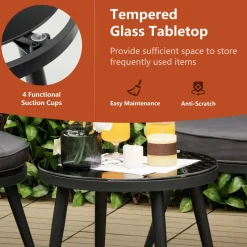 Tangkula 3 Piece Patio Rattan Bistro Set W/ 2 Seat Cushions, Tempered Glass Tabletop (Gray)
