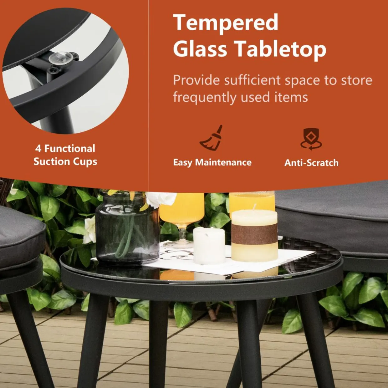 Tangkula 3 Piece Patio Rattan Bistro Set W/ 2 Seat Cushions, Tempered Glass Tabletop (Gray)