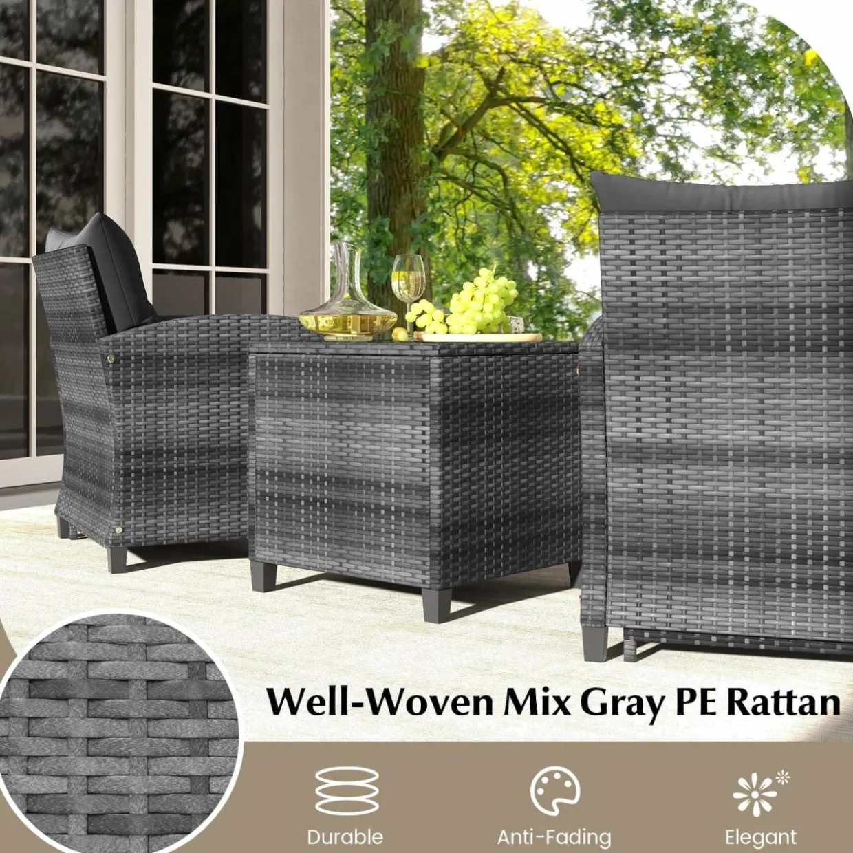 Tangkula 5 Piece Patio Rattan Furniture, Wicker Cushioned Chairs Set w/ 2 Ottomans & Tempered Glass Coffee Table