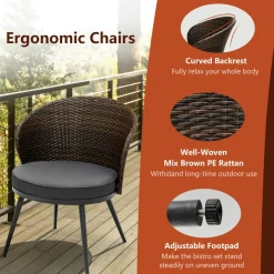 Tangkula 3 Piece Patio Rattan Bistro Set W/ 2 Seat Cushions, Tempered Glass Tabletop (Gray)