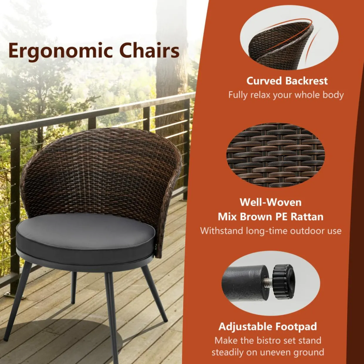 Tangkula 3 Piece Patio Rattan Bistro Set W/ 2 Seat Cushions, Tempered Glass Tabletop (Gray)