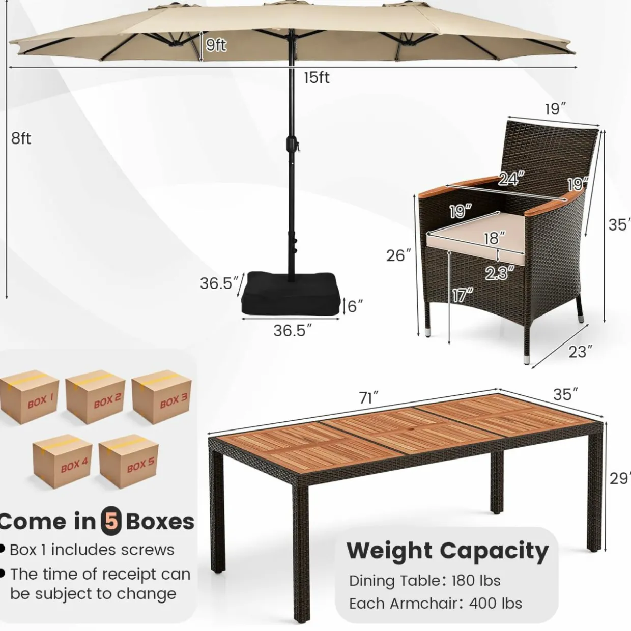 Tangkula 10 Piece Patio Rattan Dining Set with 15Ft Double-Sided Umbrella, Outdoor Acacia Wood Table and Wicker Chairs Set