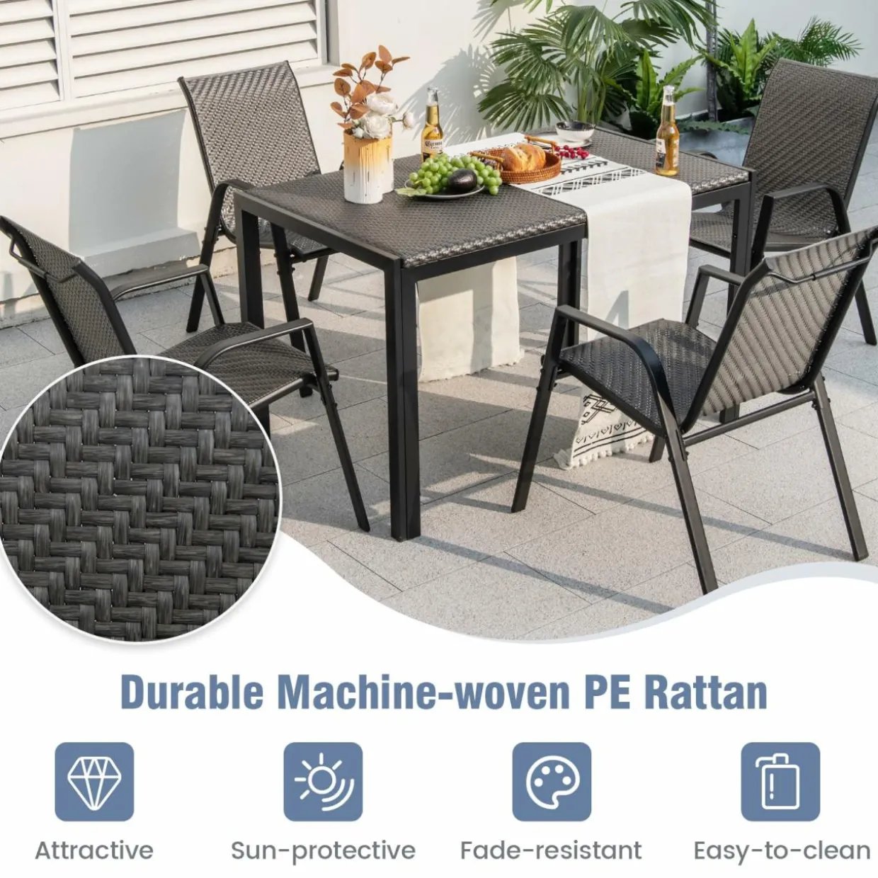 Tangkula 5 Piece Patio Rattan Dining Set, Outdoor Table & Chairs Set for 4, Machine Woven Wicker Tabletop & Seat (Brown)