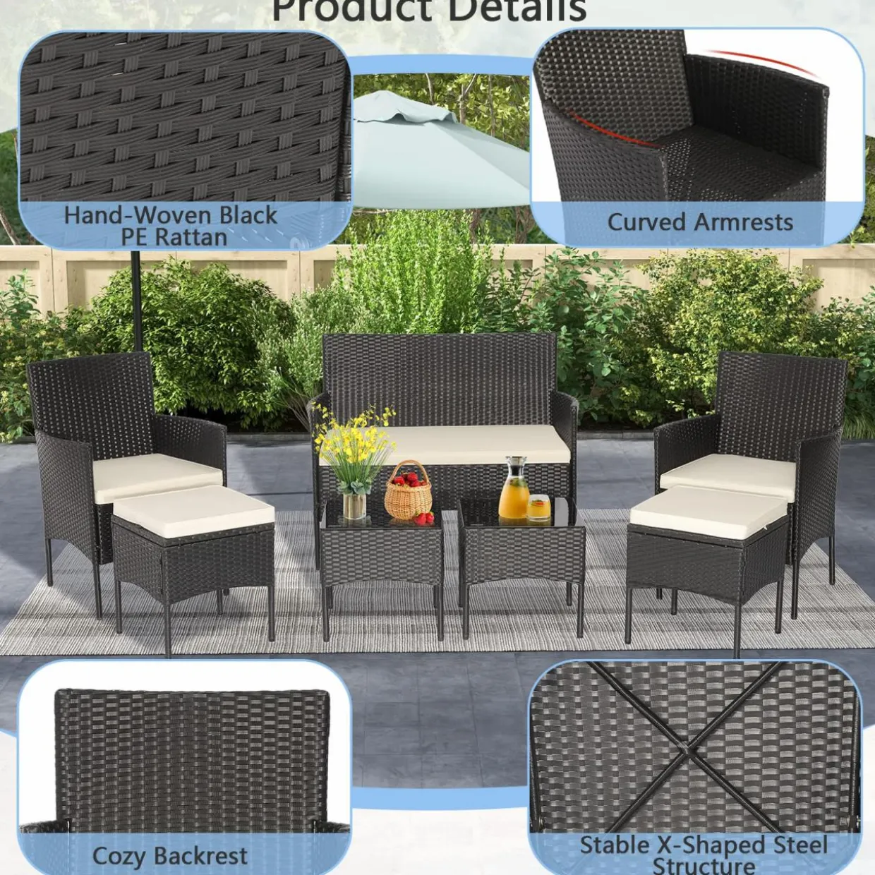 Tangkula 7 Piece Patio Rattan Sofa Set, Wicker Furniture Set with 2 Side Tables and 2 Ottomans, Solid Metal Frame, Soft Cushions