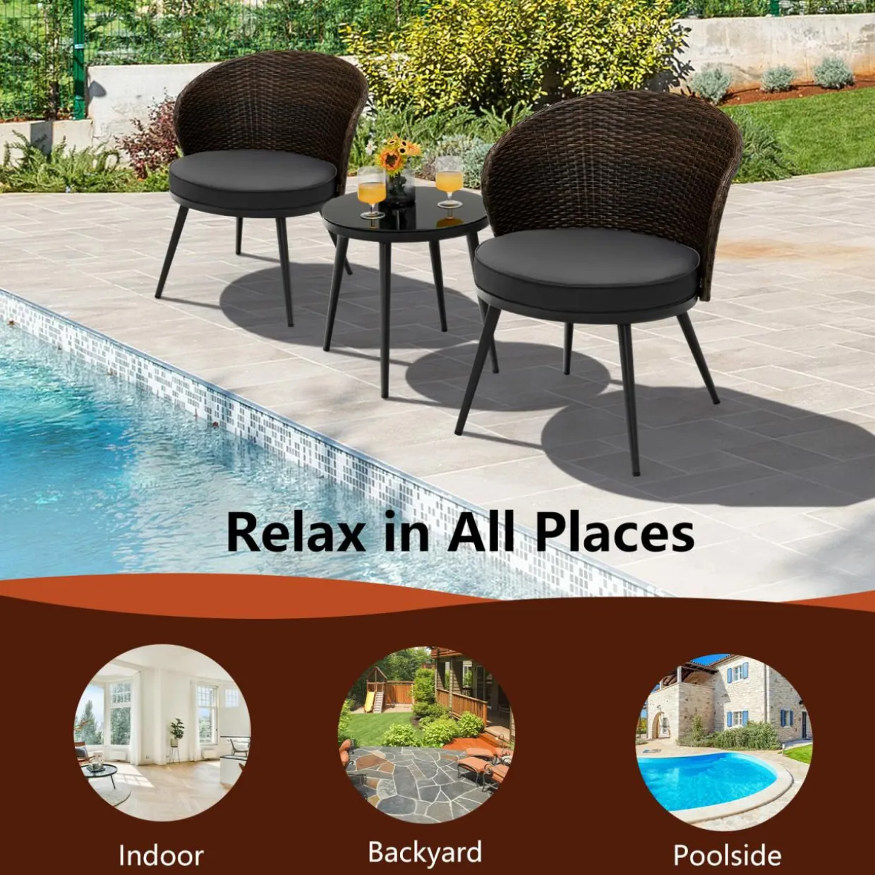 Tangkula 3 Piece Patio Rattan Bistro Set W/ 2 Seat Cushions, Tempered Glass Tabletop (Gray)