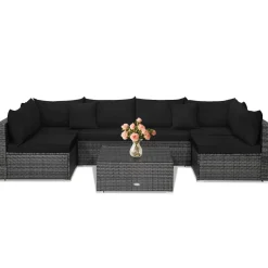Tangkula 7 Piece Patio Wicker Furniture Set, Sofa Set for 6 with Seat, 2 Throw Pillows