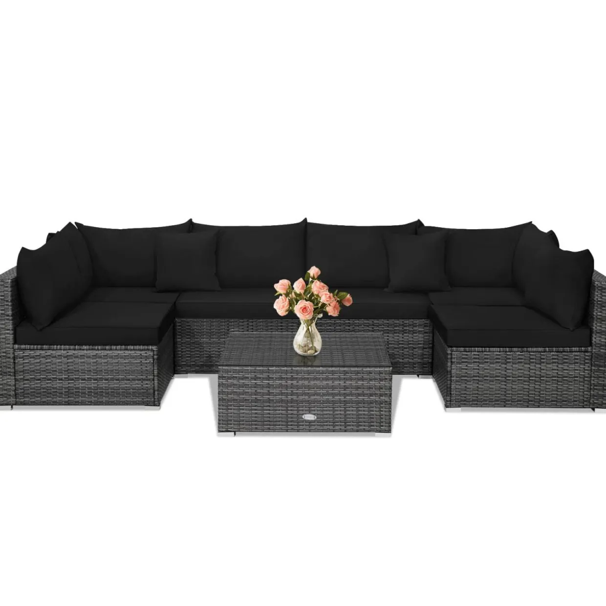 Tangkula 7 Piece Patio Wicker Furniture Set, Sofa Set for 6 with Seat, 2 Throw Pillows