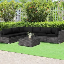 Tangkula 7 Piece Patio Wicker Furniture Set, Sofa Set for 6 with Seat, 2 Throw Pillows