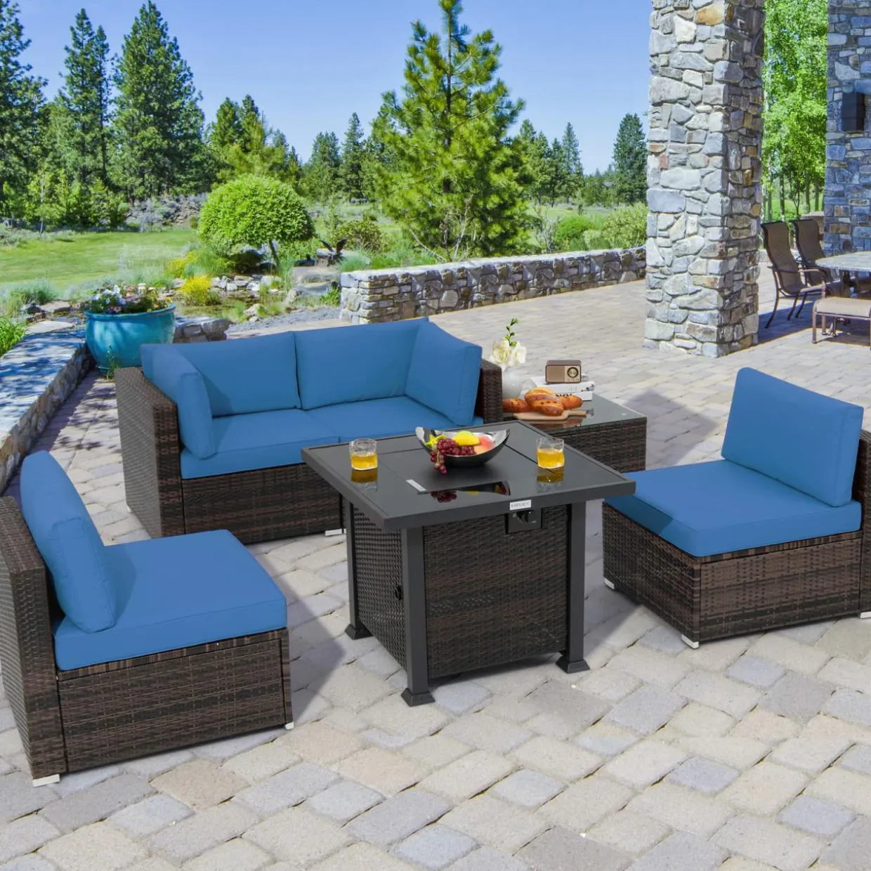 Tangkula 6 Piece Patio Wicker Conversation Set, Outdoor Rattan Sofa Set