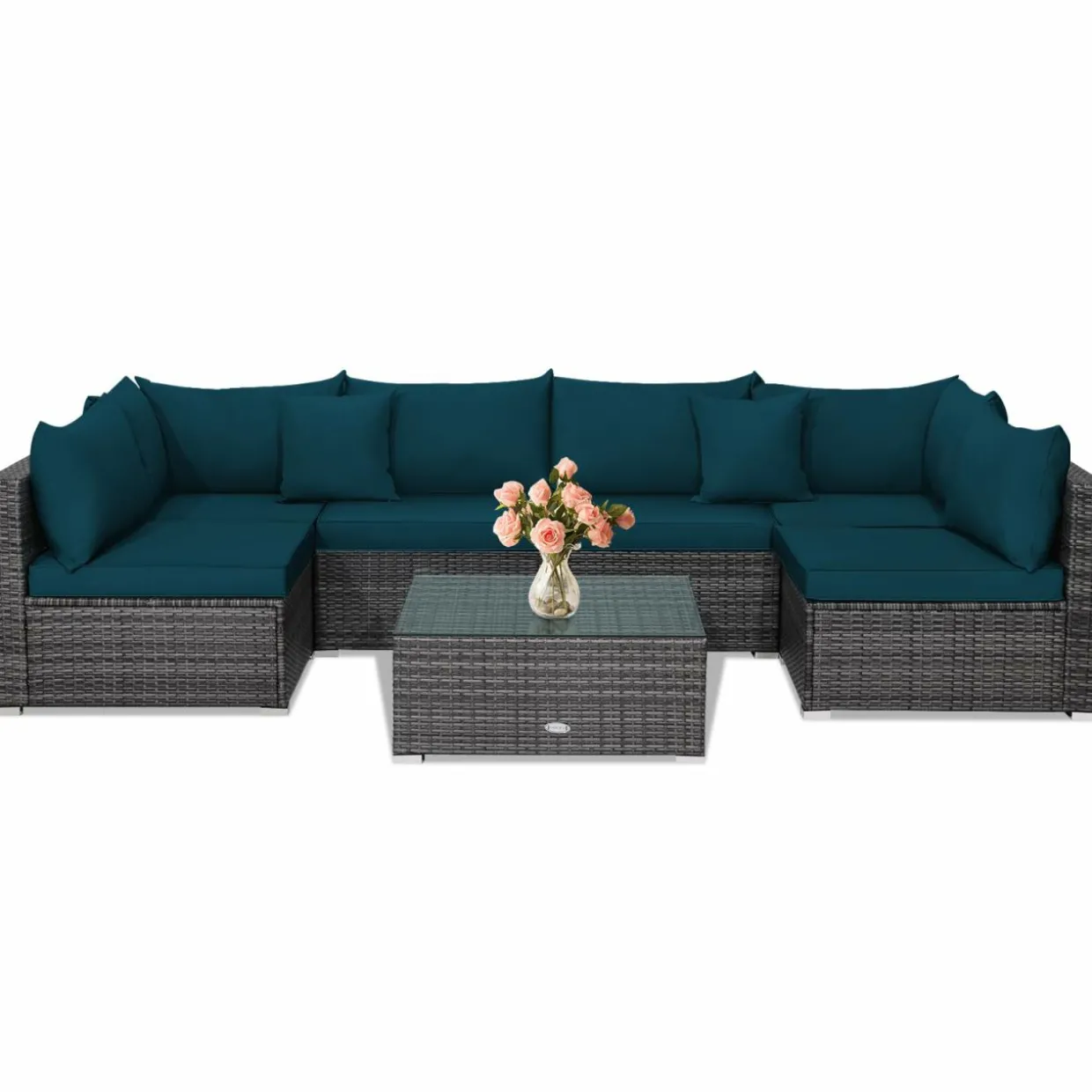Tangkula 7 Piece Patio Wicker Furniture Set, Sofa Set for 6 with Seat, 2 Throw Pillows