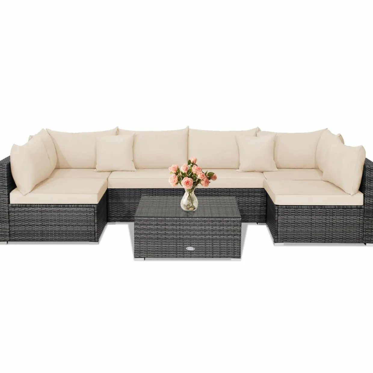 Tangkula 7 Piece Patio Wicker Furniture Set, Sofa Set for 6 with Seat, 2 Throw Pillows