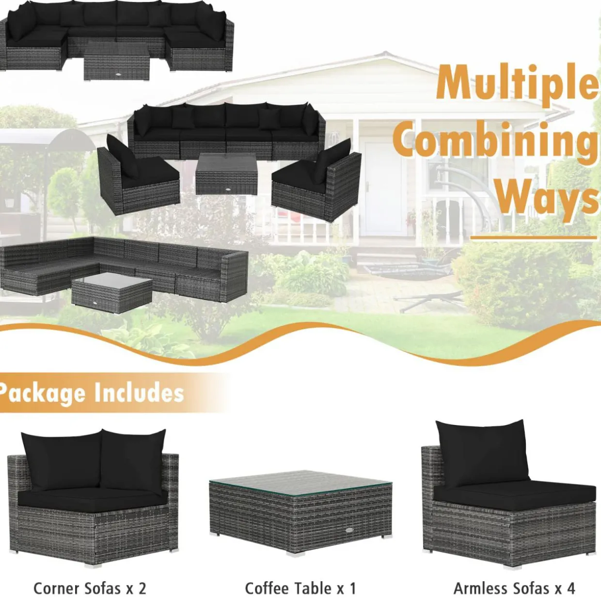 Tangkula 7 Piece Patio Wicker Furniture Set, Sofa Set for 6 with Seat, 2 Throw Pillows