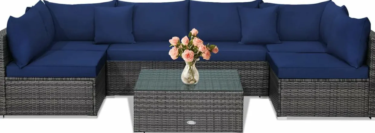 Tangkula 7 Piece Patio Wicker Furniture Set, Sofa Set for 6 with Seat, 2 Throw Pillows