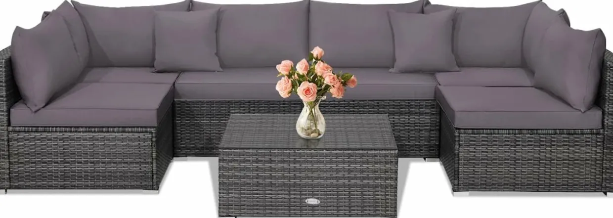 Tangkula 7 Piece Patio Wicker Furniture Set, Sofa Set for 6 with Seat, 2 Throw Pillows