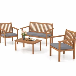 Tangkula 4 Piece Patio Wood Furniture Set, Acacia Wood Sofa Set w/Loveseat, 2 Chairs & Coffee Table