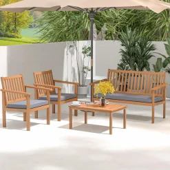 Tangkula 4 Piece Patio Wood Furniture Set, Acacia Wood Sofa Set w/Loveseat, 2 Chairs & Coffee Table