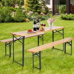 Tangkula 3 Piece Picnic Table Bench Set, Wood Picnic Table with 2 Benches with Heavy-Duty Metal Frame