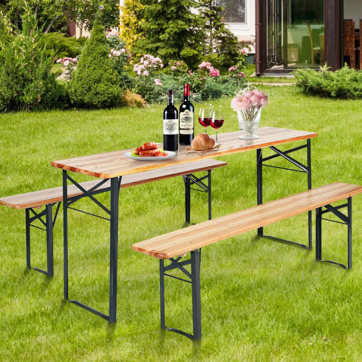 Tangkula 3 Piece Picnic Table Bench Set, Wood Picnic Table with 2 Benches with Heavy-Duty Metal Frame