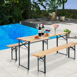 Tangkula 3 Piece Picnic Table Bench Set, Wood Picnic Table with 2 Benches with Heavy-Duty Metal Frame