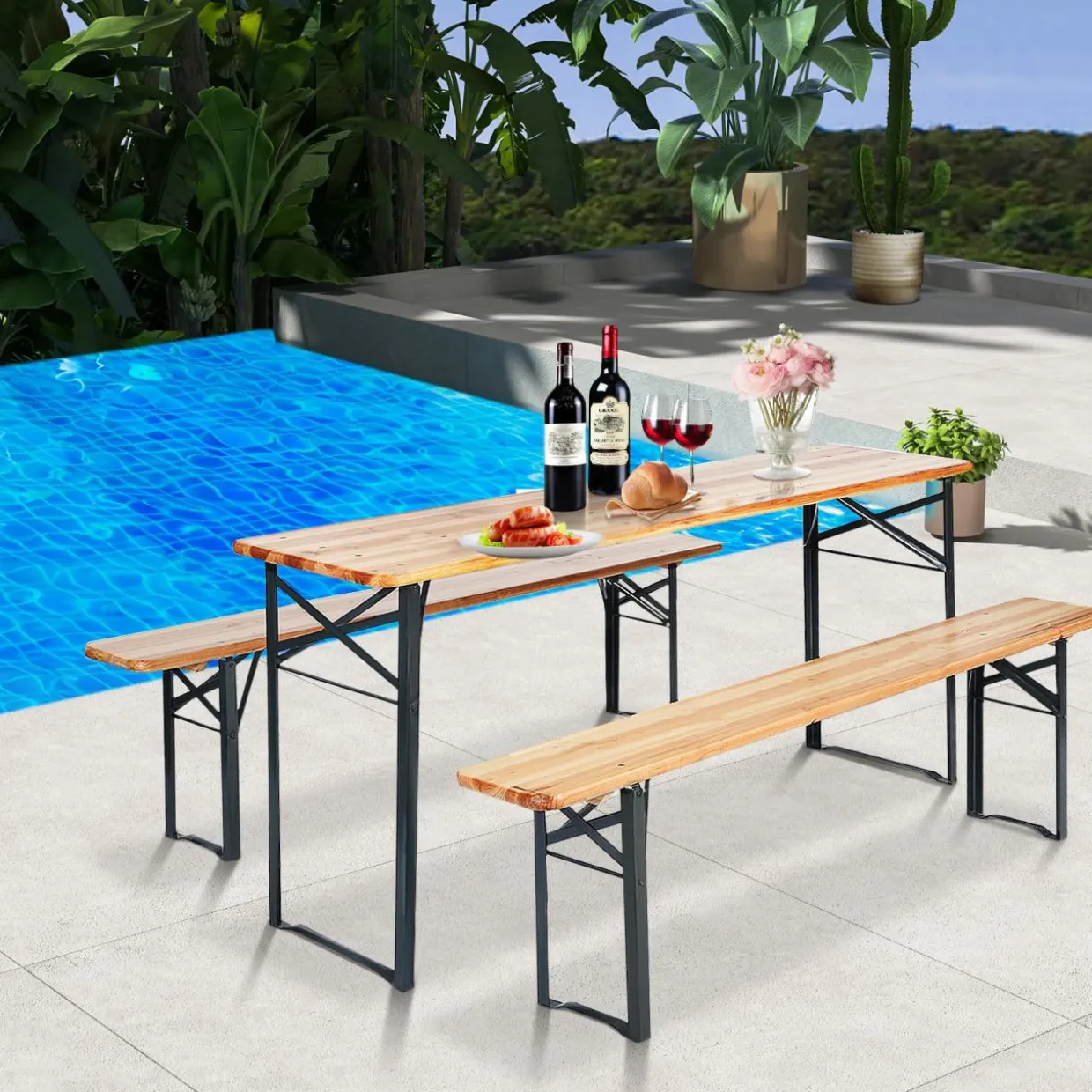 Tangkula 3 Piece Picnic Table Bench Set, Wood Picnic Table with 2 Benches with Heavy-Duty Metal Frame