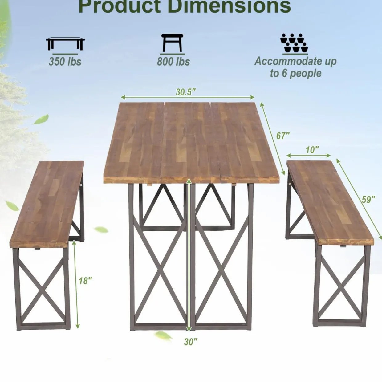 Tangkula 3 Piece Picnic Table Bench Set, Outdoor Acacia Wood Picnic Table with 2 Benches