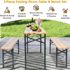 Tangkula 3 Piece Picnic Table Bench Set, Wood Picnic Table with 2 Benches with Heavy-Duty Metal Frame