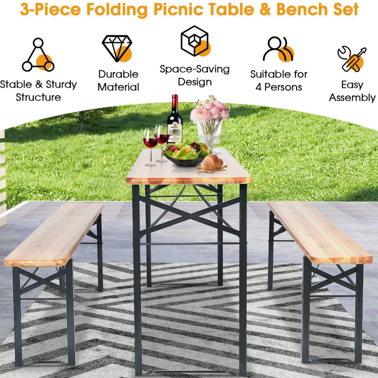 Tangkula 3 Piece Picnic Table Bench Set, Wood Picnic Table with 2 Benches with Heavy-Duty Metal Frame