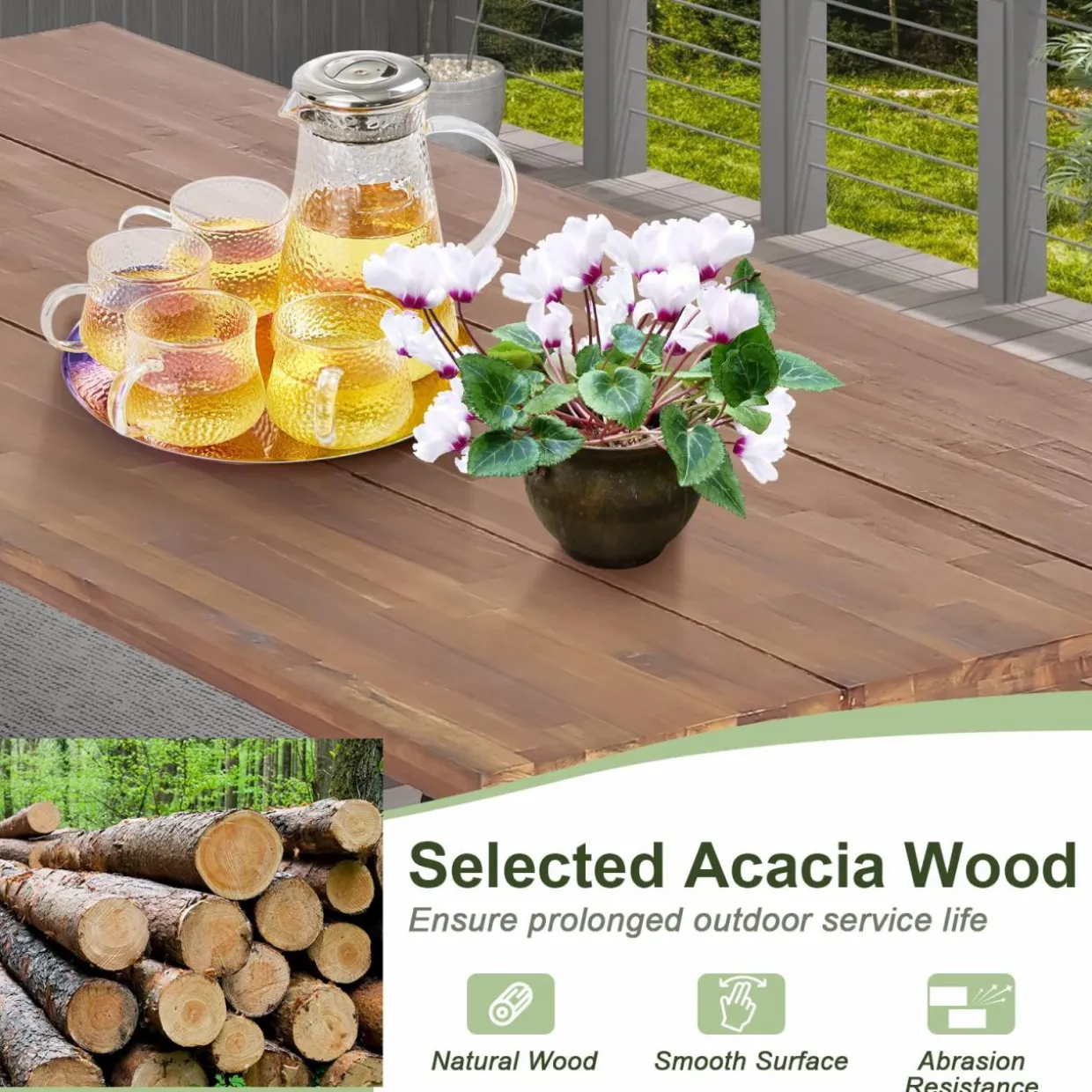 Tangkula 3 Piece Picnic Table Bench Set, Outdoor Acacia Wood Picnic Table with 2 Benches
