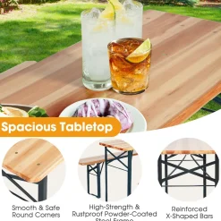 Tangkula 3 Piece Picnic Table Bench Set, Wood Picnic Table with 2 Benches with Heavy-Duty Metal Frame